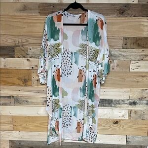 Summer 10 size Large White with Multicolor Pattern and Cheetah Print Kimono